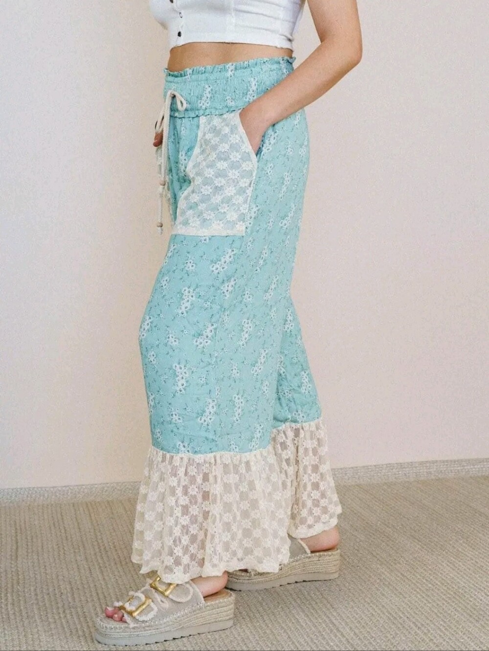 Fantastic Fawn Boho Crochet Wide-Leg Pants in Light Blue - Picture 4 of 14